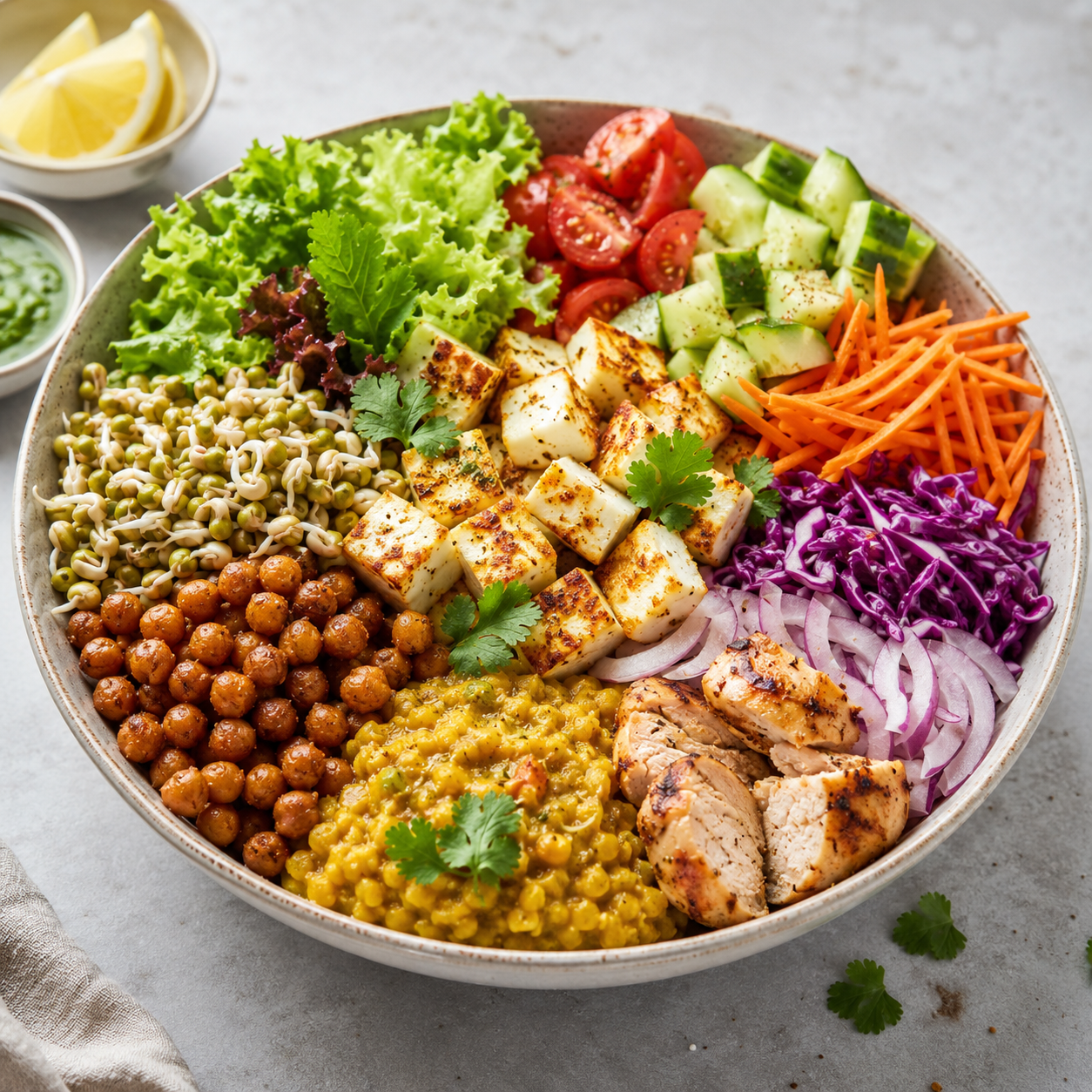 high-protein bowl with paneer, chickpeas, sprouts and grilled chicken