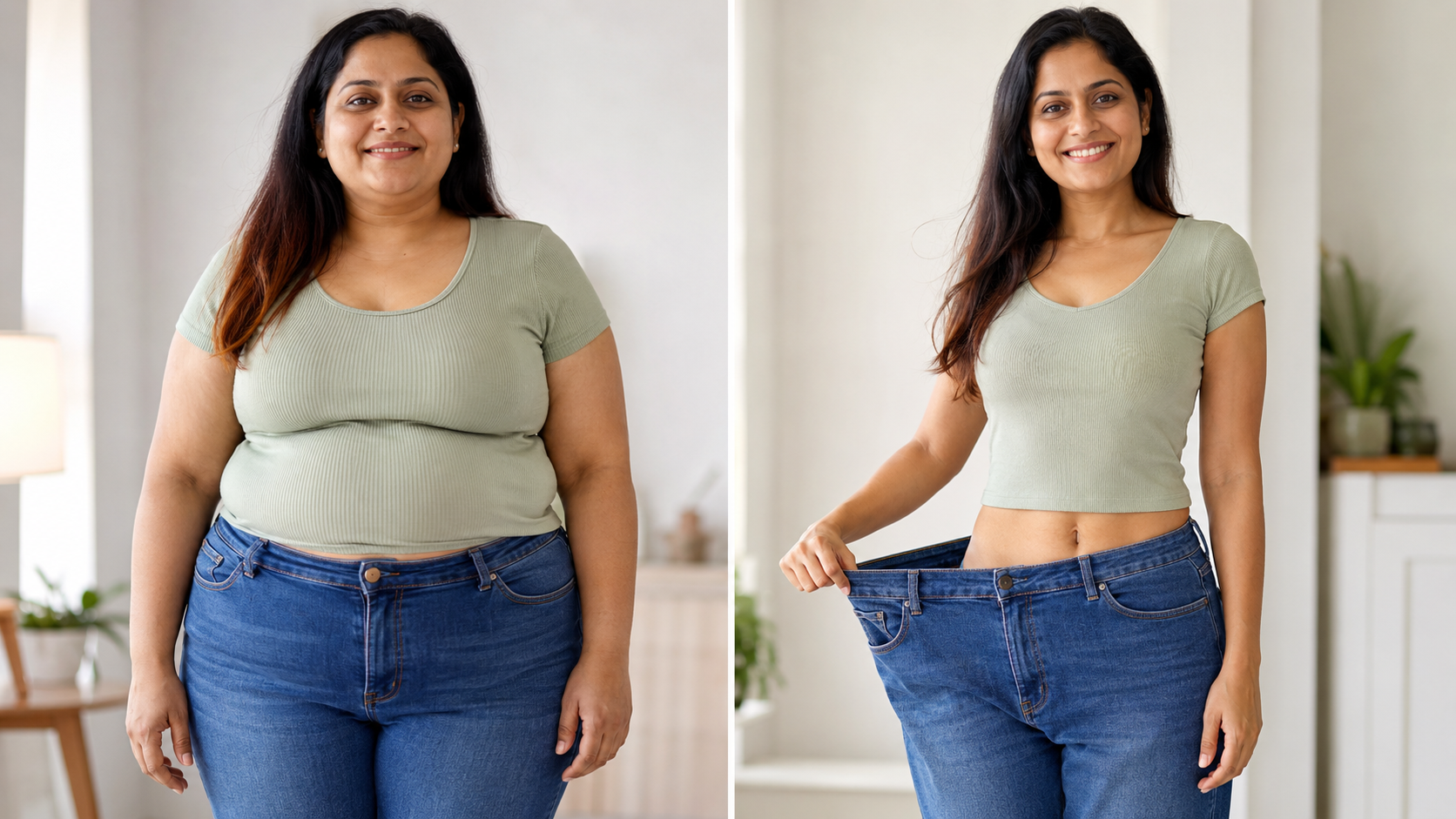 Before and after: an Indian woman after losing weight, holding out her now-loose jeans
